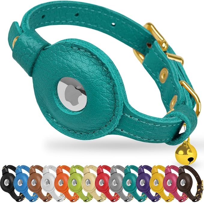 OOPSDOGGY Leather AirTag Cat Collar with Bell - Non Breakaway Kitten Collar with Apple Air Tag Holder - Lightweight GPS Pet Collars for Girl Boy Cats, Small Dogs