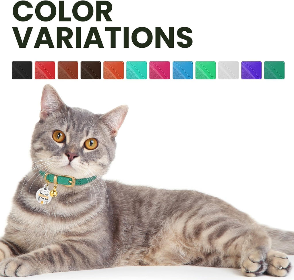 BRONZEDOG Leather Cat Collar with Removable Bells Non Breakaway Kitten QR Tag for Girl Boy (7" - 9" for Cats, Pink & Silver)