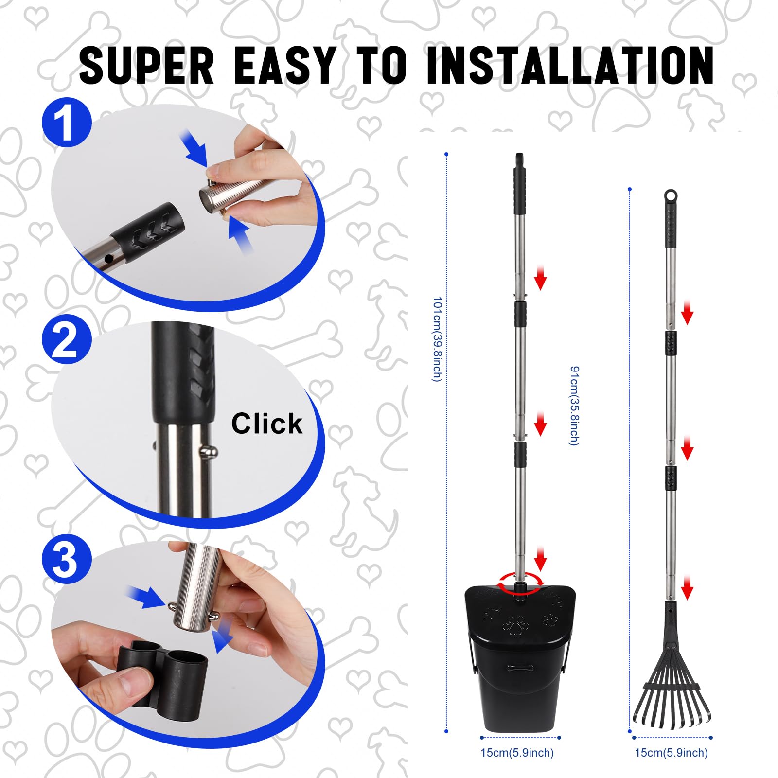 Dog Poop Scooper with 20 Bag Attachment Long Handle Swivel Bin, Rake Heavy Duty Pooper Scooper for Large Medium Dogs Easy to Clean Pet Accessory Pet Waste Removal Solution for Yard, Grass, Gravel