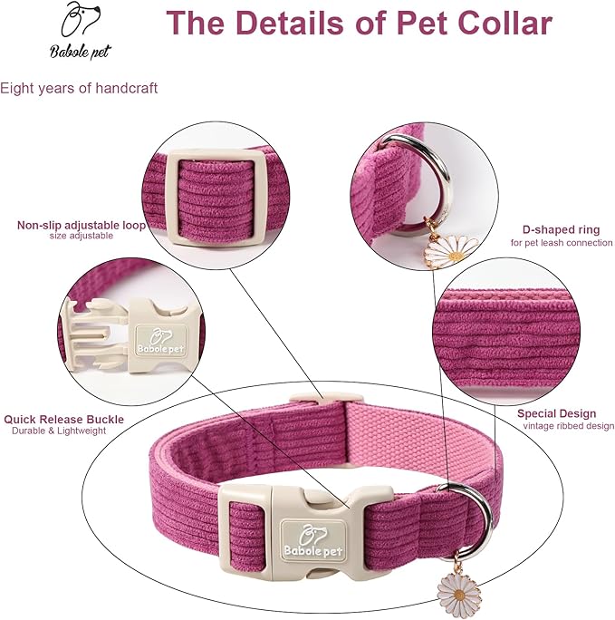Babole Pet Cute Corduroy Dog Collar - Fuchsia Adjustable Dog Collars for X-Large Dogs 80+lbs, Fade-Proof with Secure Snap & Little Charm, Christmas Birthday Gift, XL