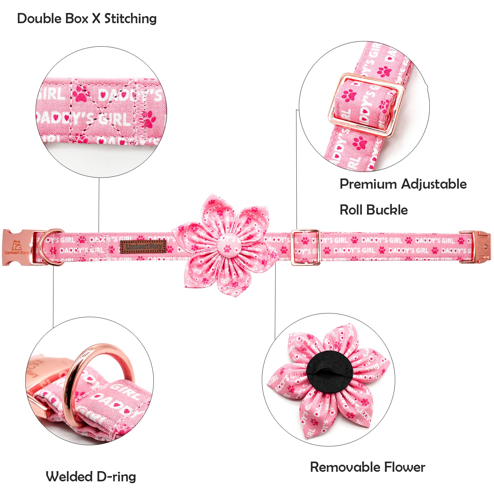 Lionheart glory Valentine's Day Dog Collar with Flower Dog Collars Pink Collars for Medium Dogs, Spring Pet Puppy Collar Flowers