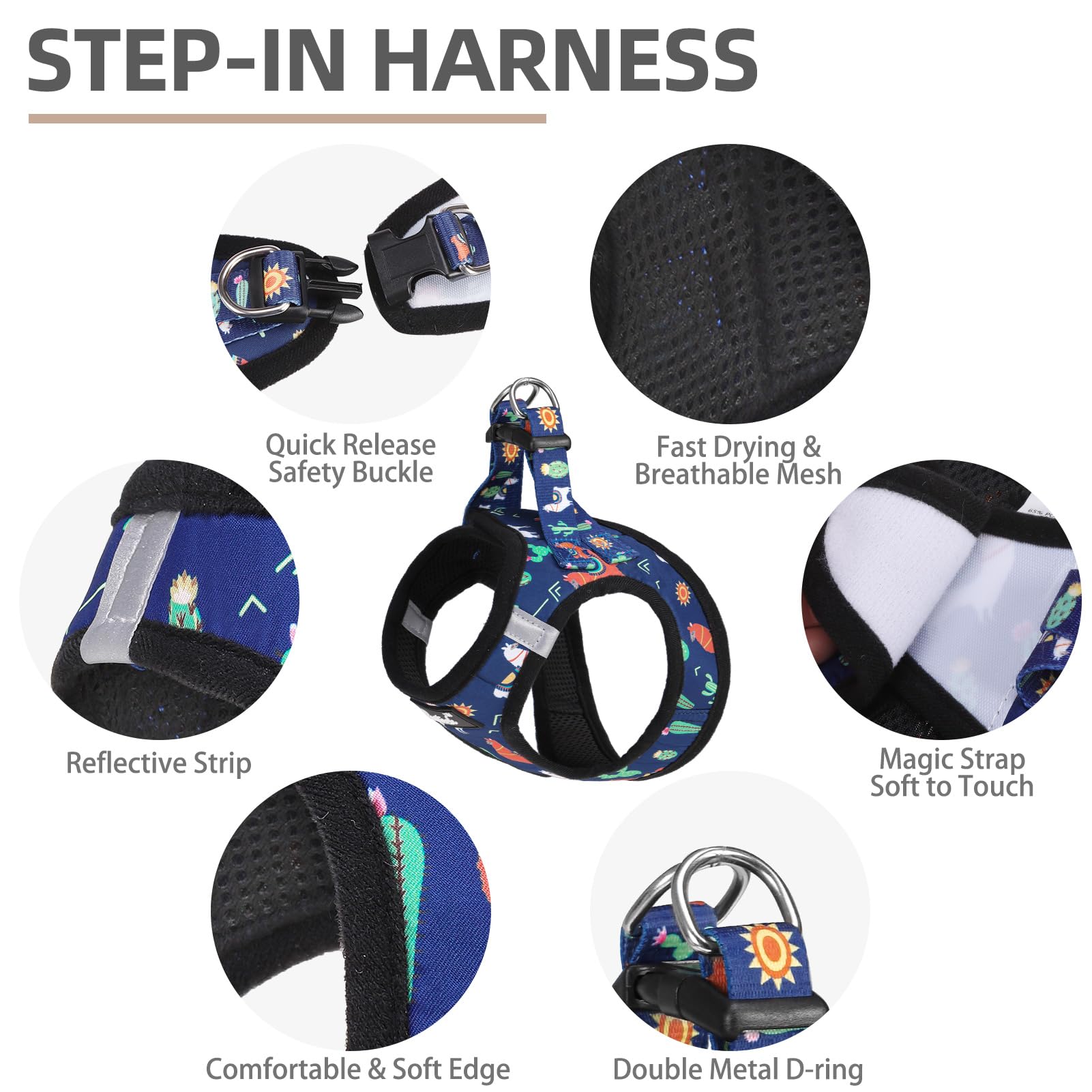 PUPTECK Adjustable Dog Harness Collar and Leash Set, Step in No Pull Pet Harness for Small Medium Dogs Puppy Cats Outdoor Walking, Soft Mesh Padded Reflective Vest Harnesses, Navy Blue Alpaca, XXS