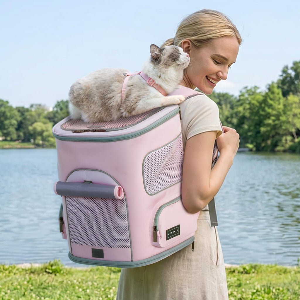 PETSFIT Pet Carrier Backpack with Upgraded Waist Protection, Cat Carrier Backpack Designed for Small Dogs/Cats, Fully Ventilated Collapsible Dog Backpack for Outdoor Traveling Hiking Camping, Pink