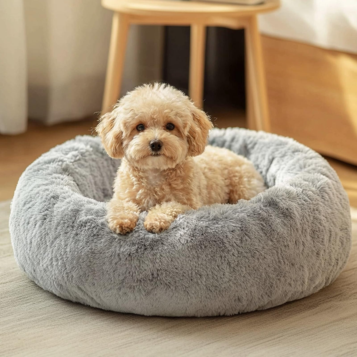 JOLLYVOGUE Calming Dog Bed for Small Dogs - 23 inches Donut Washable Small Dog Bed for Kittens & Puppies, Anti-Slip Round Fluffy Plush Faux Fur Cat Beds (Fits up to 25 lbs Pets, Purple)
