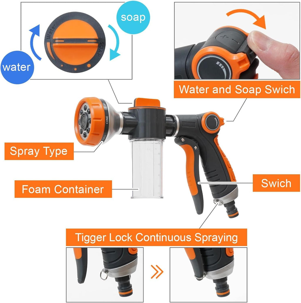 Dog Wash Hose, 8 Way Spray Pattern Garden Hose Nozzle with Soap Dispenser, Dog Wash Supplies with 2 type Dog Bath Brush, 4 extra connectors, Car Washing Mitt