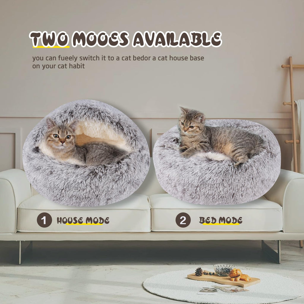 BELEEWILWON Cat Bed for Indoor Cats, Calming Cozy Cave with Self-Warming Plush, Entire Bed Machine Washable & Anti-Slip Base, Breathable Pet Bed for Small Cats&Dogs All Seasons (Khaki, 24 * 24inch)