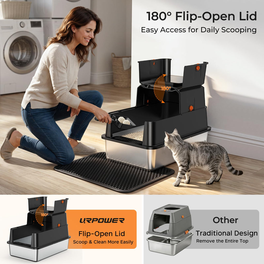 URPOWER XL Stainless Steel Cat Litter Box with 180° Flip-Top Lid