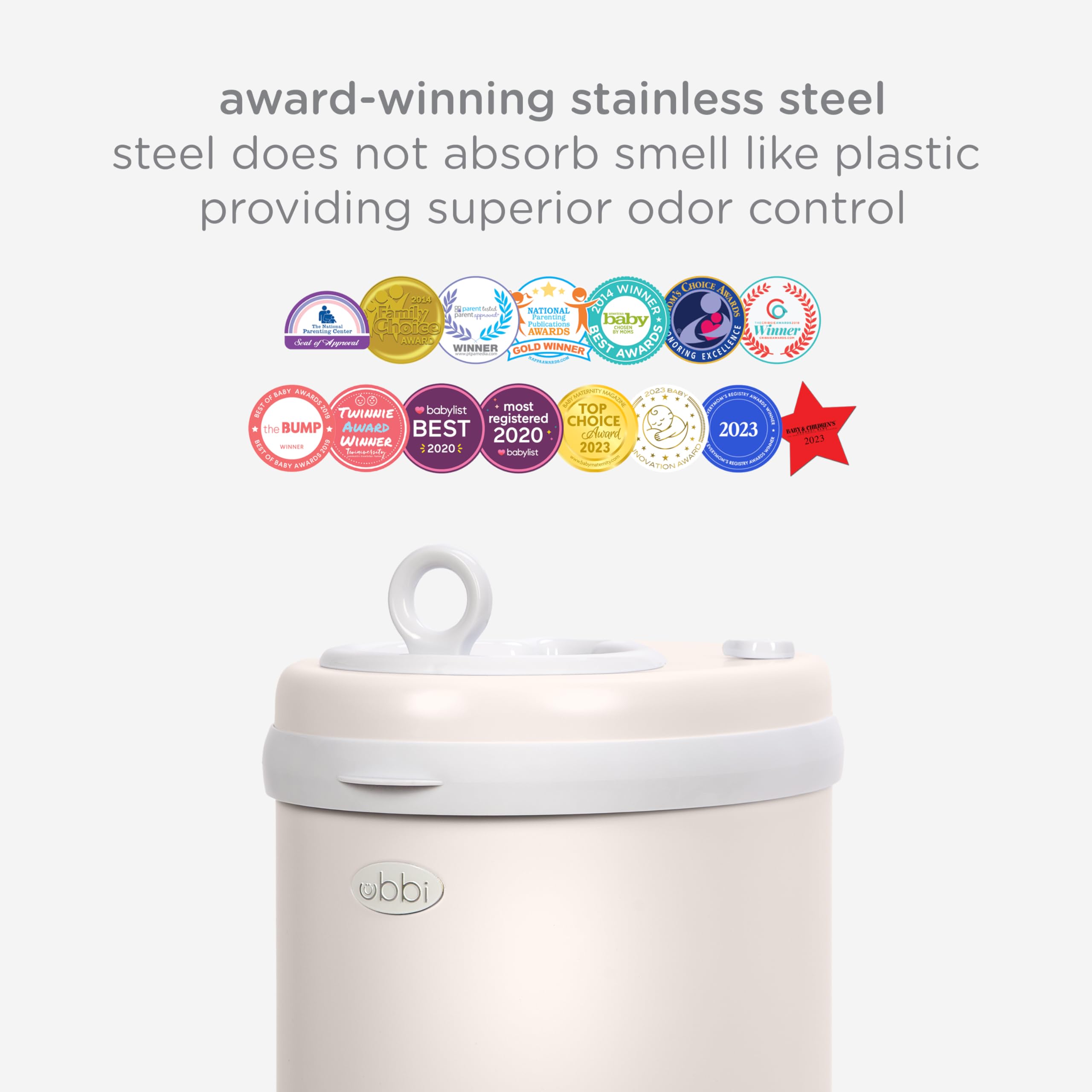 Ubbi Stainless Steel Diaper Pail, No Special Bags, Odor-Locking, Ivory