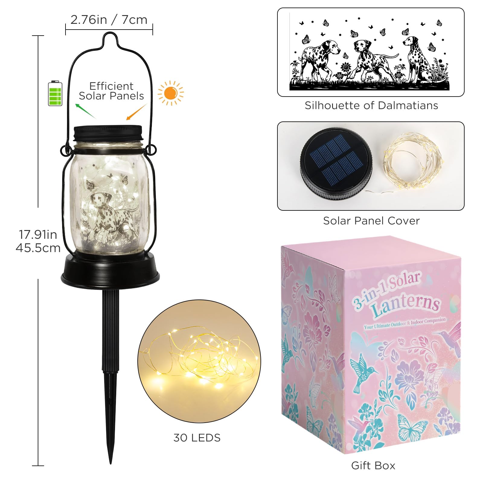 kyoryuger Dalmatian Gifts for Women/Men Dalmatian Solar Lanterns Mom Birthday Spotted Dog Lovers Lantern Pet Loss Firehouse Dog Memorial Lights Solar Garden Decor Yard, Patio,Backyard,Porch Torches