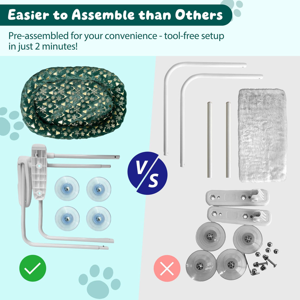 L&W BROS. 2-Pack Foldable Cat Window Perches with Christmas Cushion Bed Easy to Assemble Cats Hammock for Window, Warm Indoor Cat Beds for Large Cats, Edition(L Green)