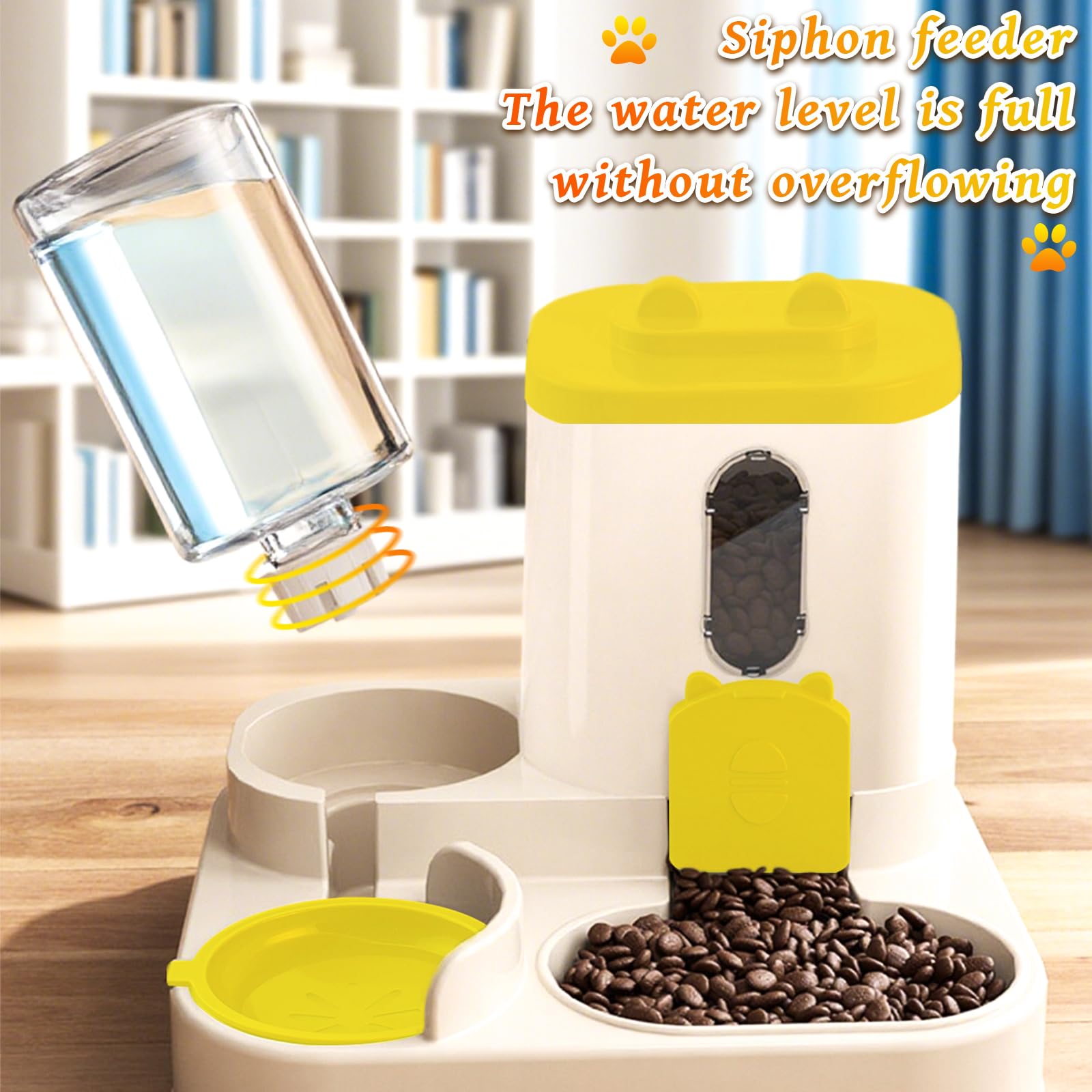 Gravity Cat Feeder and Water Dispenser, 2 in 1 Automatic Cat Feeder, 2 Pack Large Capacity Self Feeding for Small Medium Dog Puppy Kitten （Yellow）