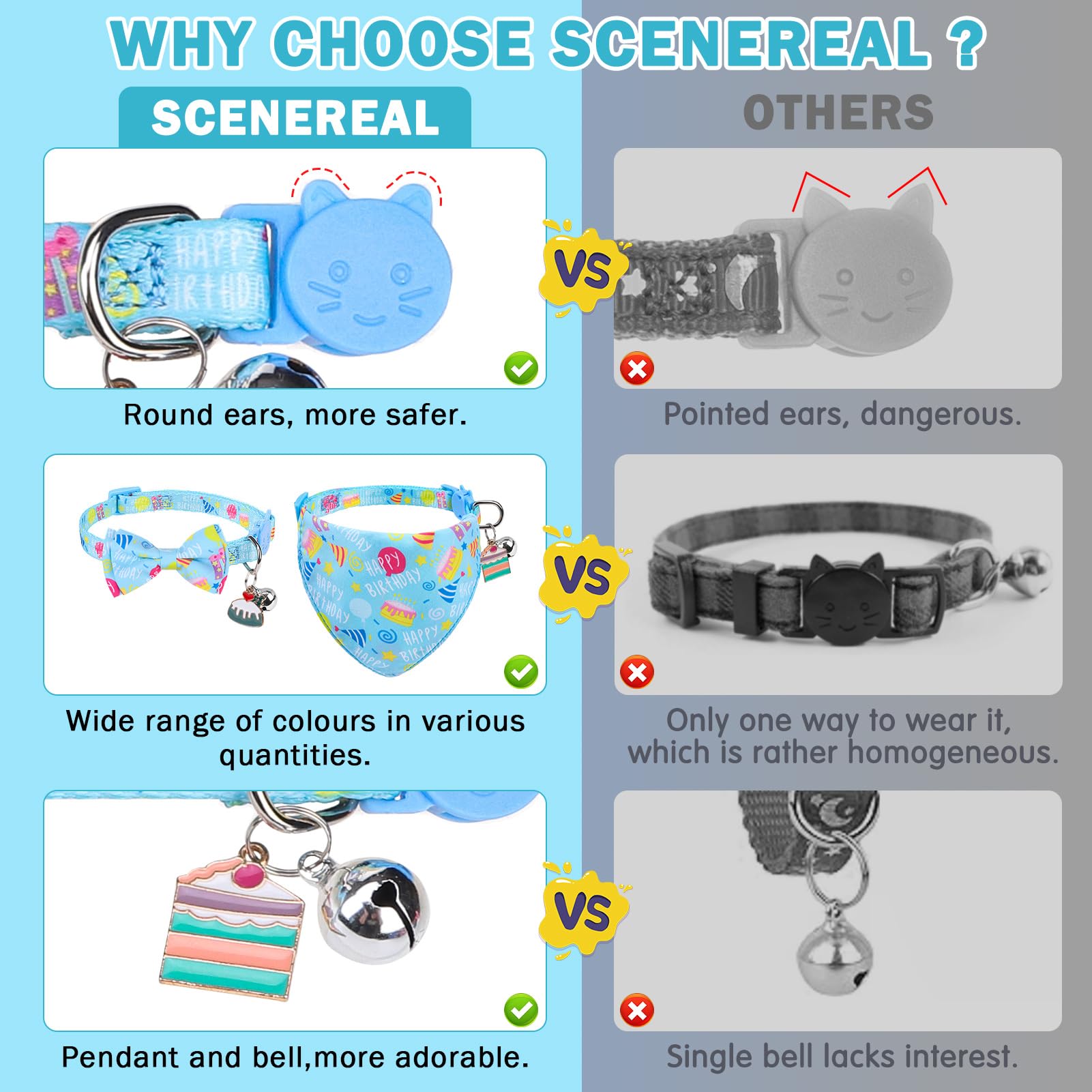 SCENEREAL Cat Bandana Collars for Birthday - 2 Pack Breakaway Kitten Collars with Bell Bowtie, Accessories for Pet Collars, Adjustable Cute Cat Collars for Cats and Small Dogs Boys Girls, (Blue)