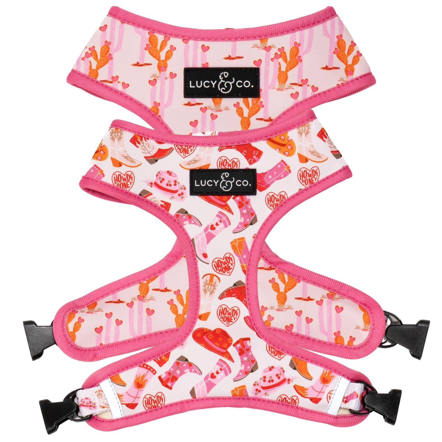 Lucy & Co. Reversible Dog Harness - Water-Repellent Neoprene, Dual-Print Design, Easy Swap Style, Adjustable Comfort Fit - Howdy Honey Reversible Harness - Small