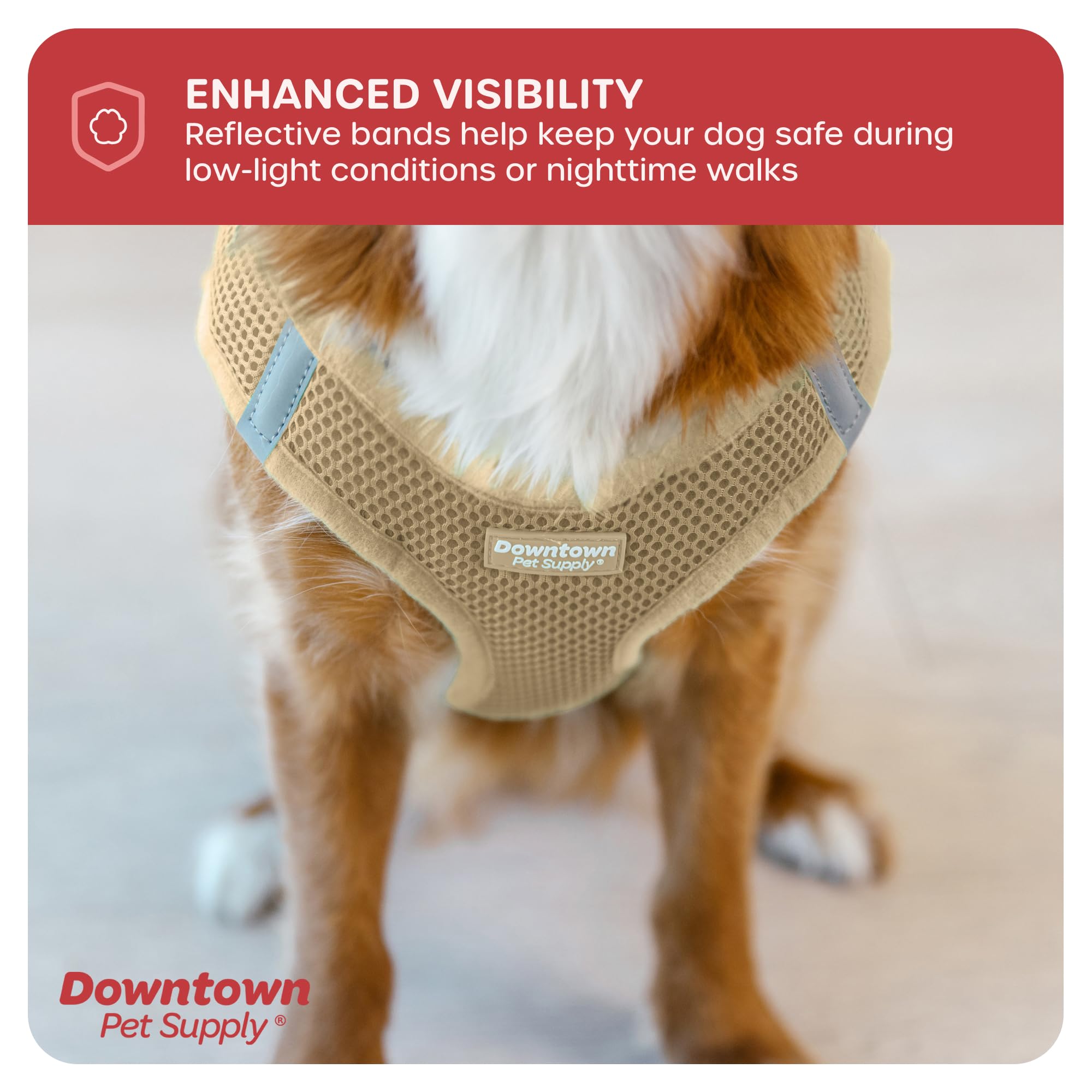 Downtown Pet Supply Step-in Dog Harness – No Pull, Adjustable Padded Mesh with Reflective Trim, Secure Buckle Strap – Comfortable & Breathable Small Dog Harness, Medium, Khaki