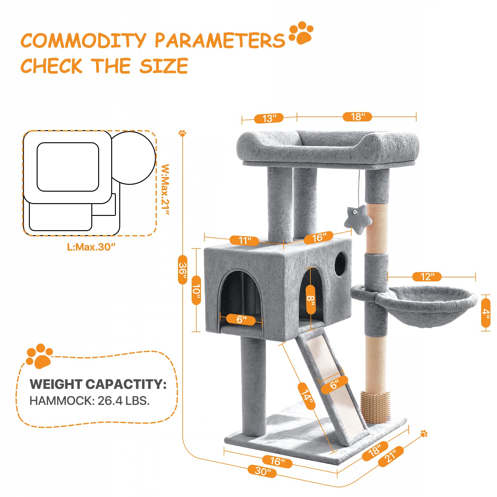 Polias 36-Inch Cat Tree Tower for Small and Medium Indoor Cats, Multi-Level Cat Furniture with Sisal Scratching Posts, Hammock, Condo & Scratching Board, Light Gray