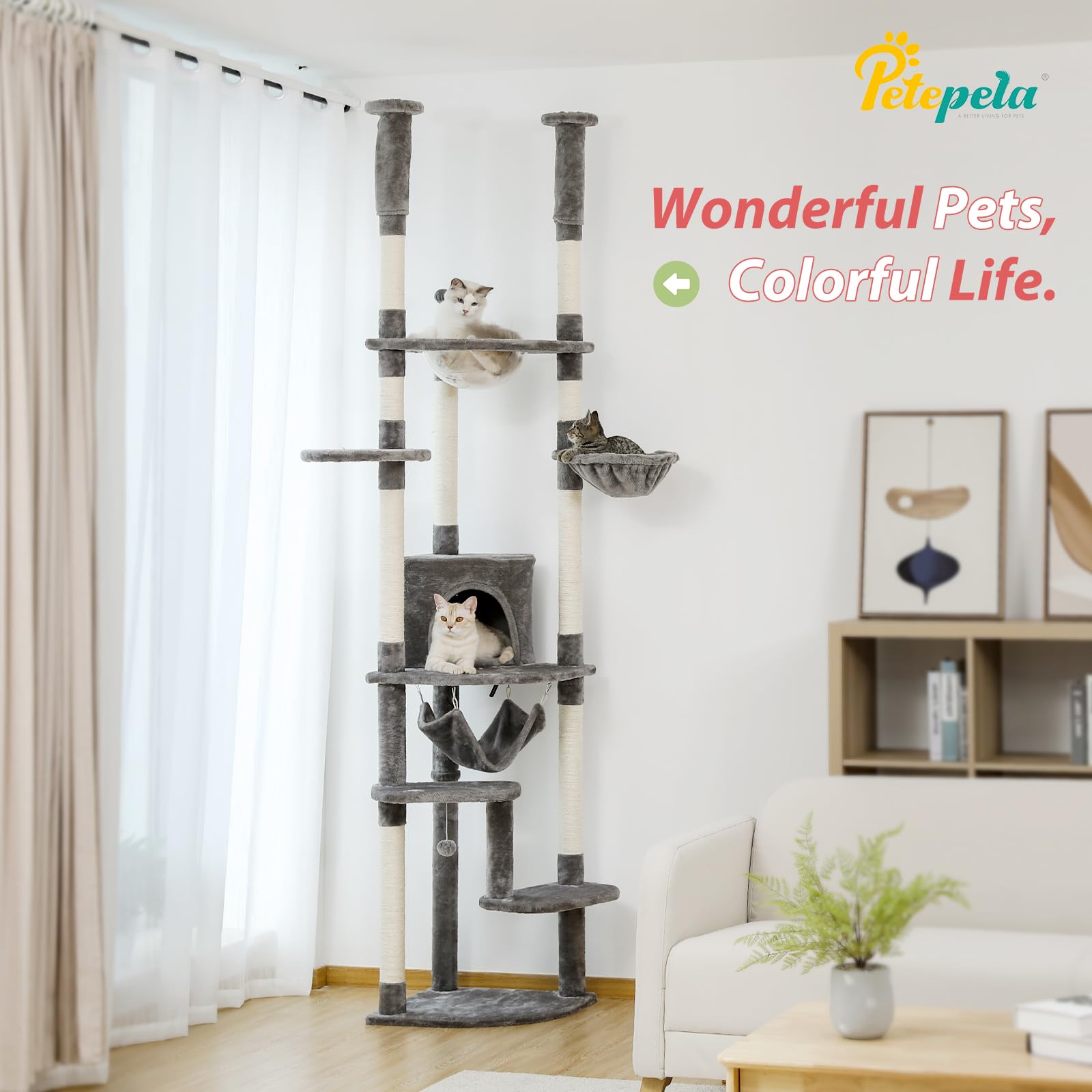 PETEPELA Floor to Ceiling Cat Tree, 92.9-101.6" Tall Cat Tower, Gray