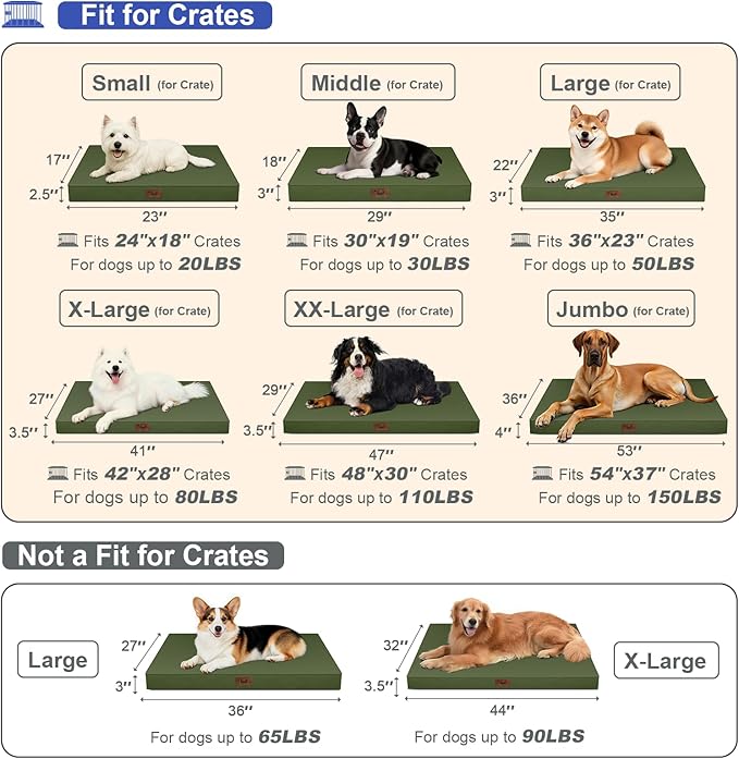 Outdoor Extra Large Dog Bed, Waterproof Dog Bed for Large Dogs, Egg Crate Foam XL Pet Bed with Removable Washable Oxford Cooling Cover, Amy Green
