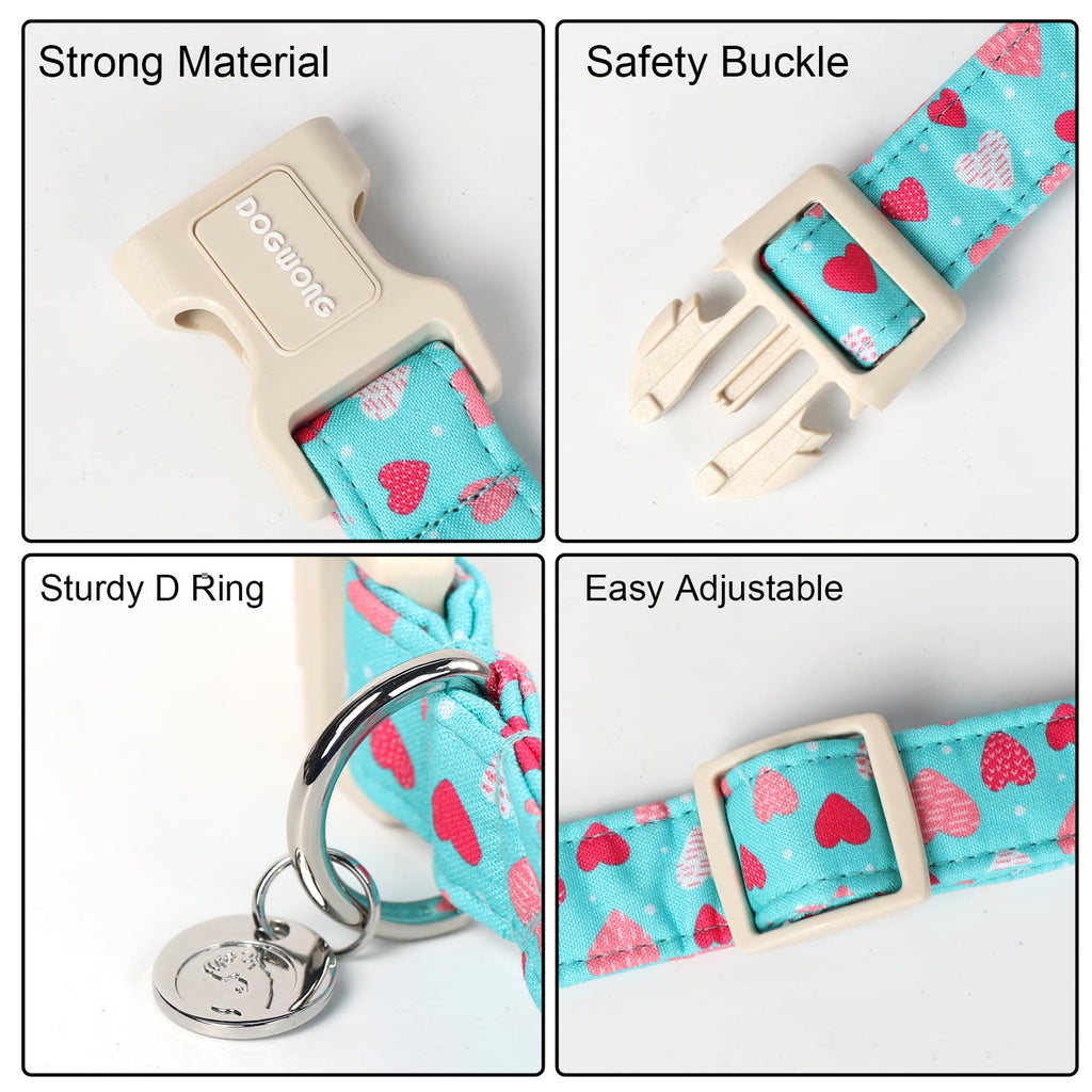DOGWONG Valentine's Dog Collar - Blue Heart Adjustable Cotton Heart Dog Collar - Perfect for Small, Medium, Large Dogs