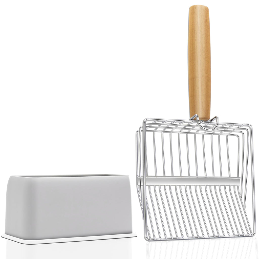 UFECODO Fast Sifting Cat Litter Scoop with Holder Stand, 2 Widths of Slots Stainless Steel Poop Scooper with Ergonomic Wood Handle, Heavy Duty and Easy Clean