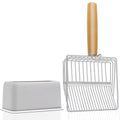 UFECODO Fast Sifting Cat Litter Scoop with Holder Stand, 2 Widths of Slots Stainless Steel Poop Scooper with Ergonomic Wood Handle, Heavy Duty and Easy Clean