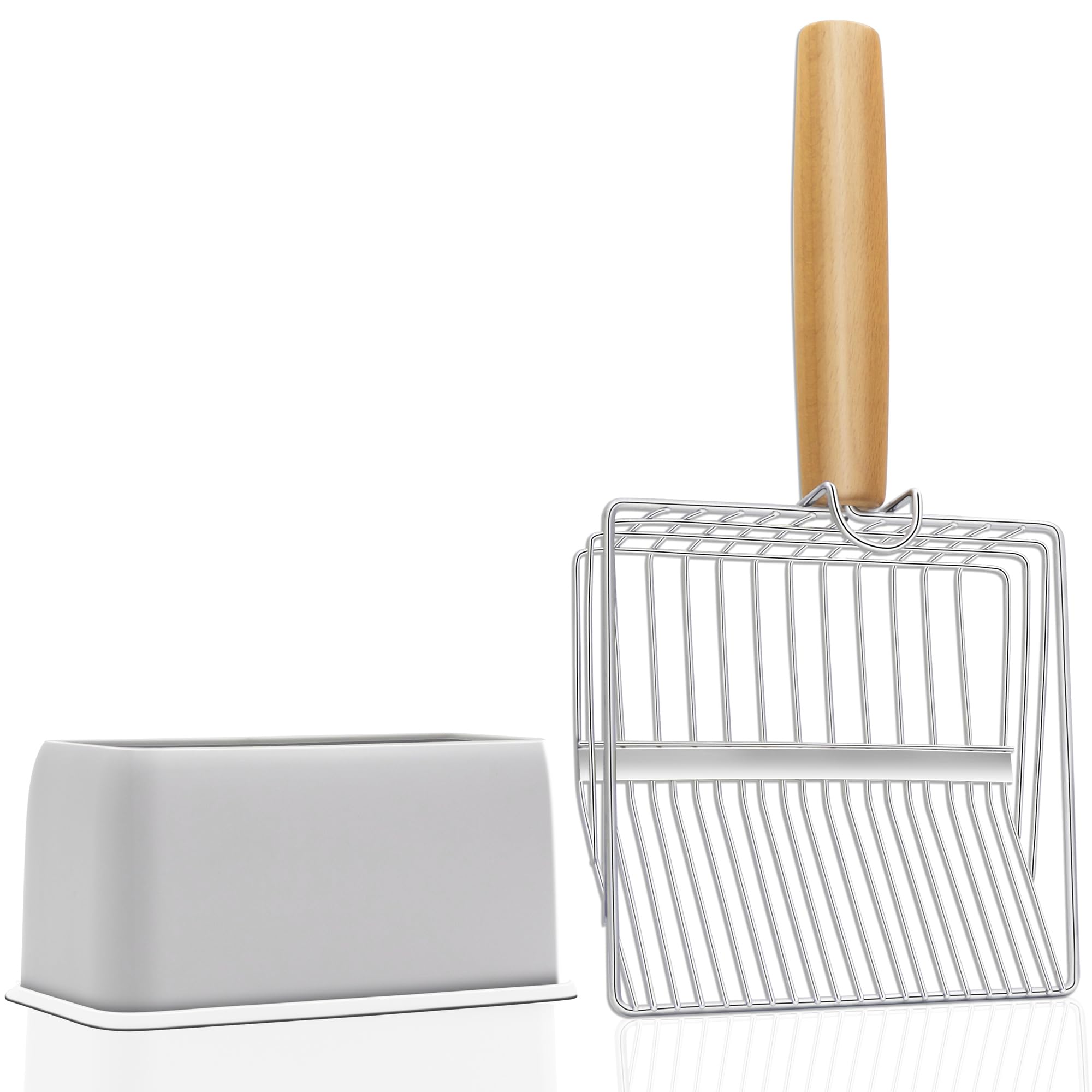 UFECODO Fast Sifting Cat Litter Scoop with Holder Stand, 2 Widths of Slots Stainless Steel Poop Scooper with Ergonomic Wood Handle, Heavy Duty and Easy Clean