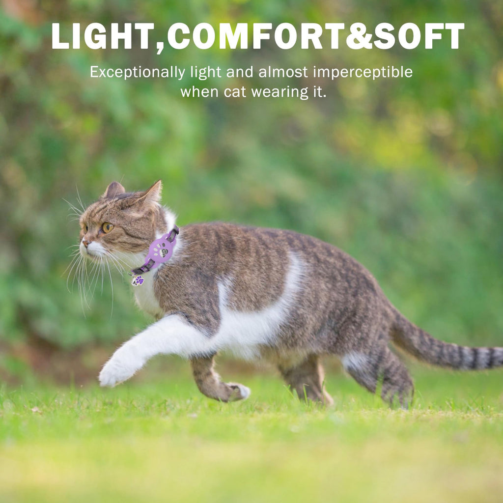 DILLYBUD Airtag Cat Collar Breakaway, Reflective Kitten Collar with Bell and Apple Air Tag Holder, GPS Cute Cat Collar, Glow in The Dark Pet Collars for Boy Girl Cats, Kittens, Puppies, Purple