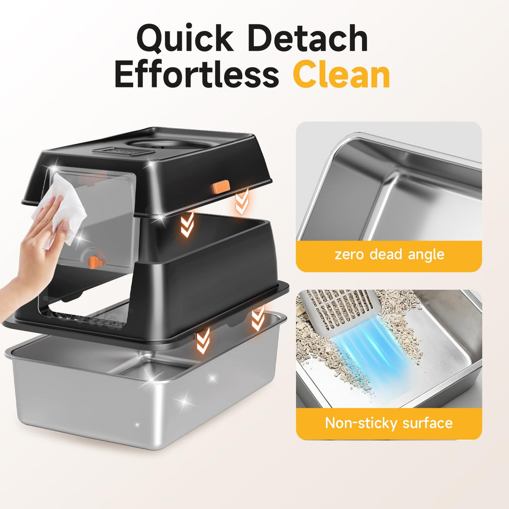 Tevila XL Enclosed Stainless Steel Litter Box with Lid,Black