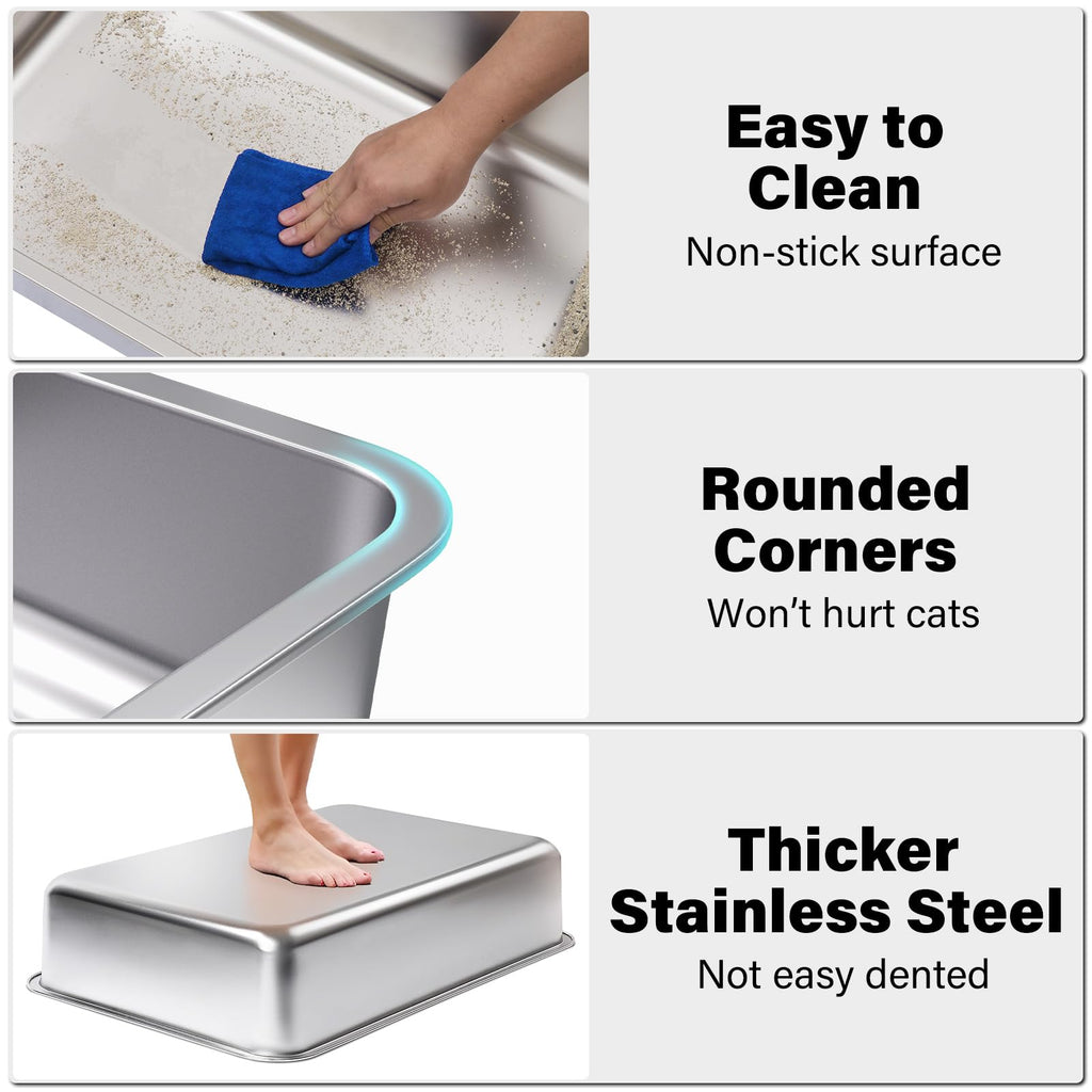 FUTAM Stainless Steel Litter Box 2 Pack, XLarge Metal Litter Box
