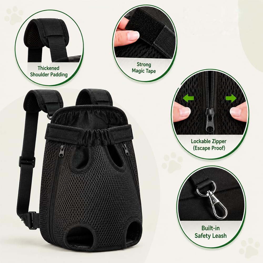 Inspack Dog Backpack Carrier/Cat Carrier, Adjustable Pet Front Carriers Travel Bag for Puppy Medium Dogs, Legs Out, Soft Ventilated Dog Chest Carry Backpacks for Hiking/Camping, 7-11 lbs, Black