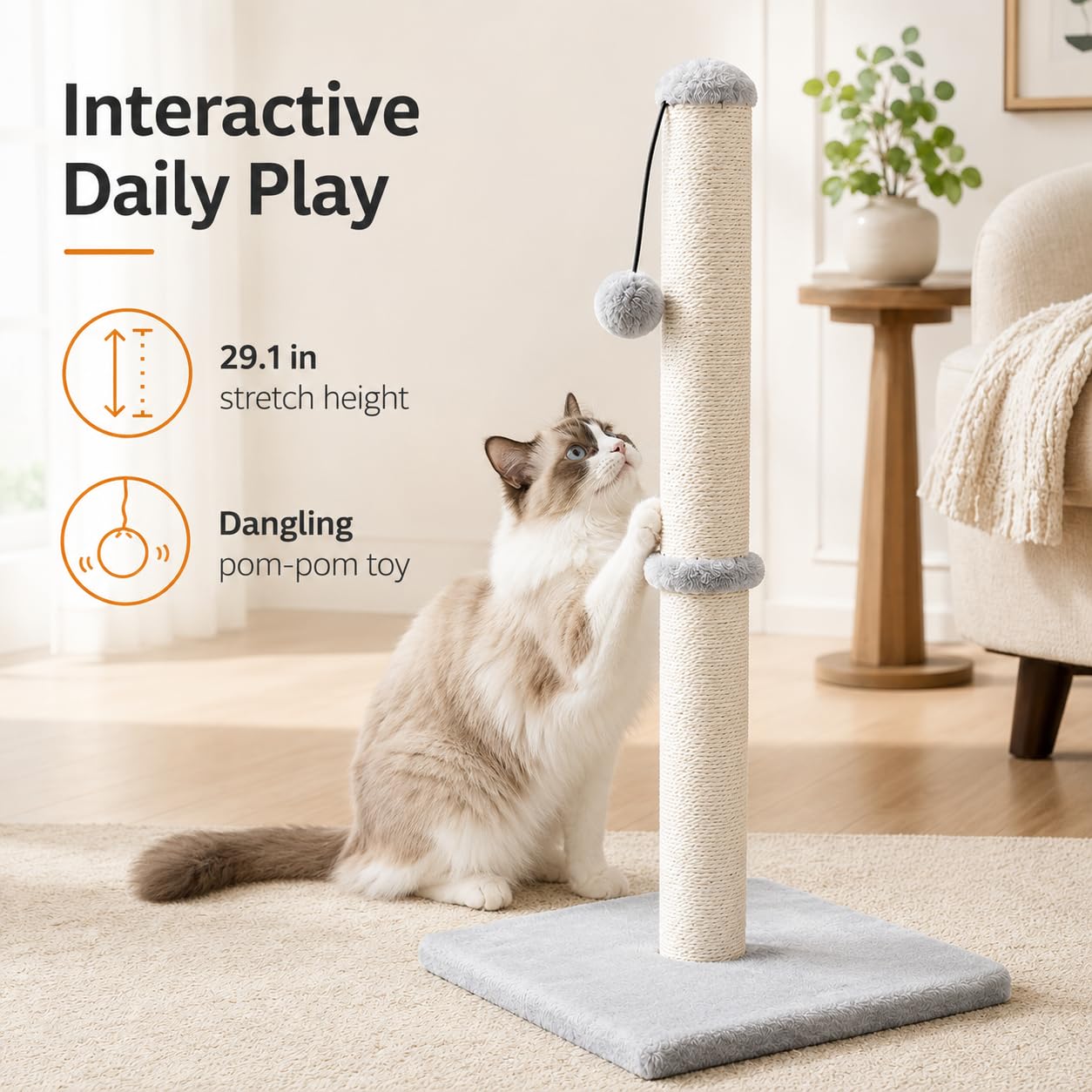 Dimaka 29" Height Tall Cat Scratching Post, Claw Scratcher with Sisal Rope and Covered with Soft Smooth Plush, Vertical Scratch [Full Strectch] for Standard Size Cats(Grey, 29 inches for All Cats)