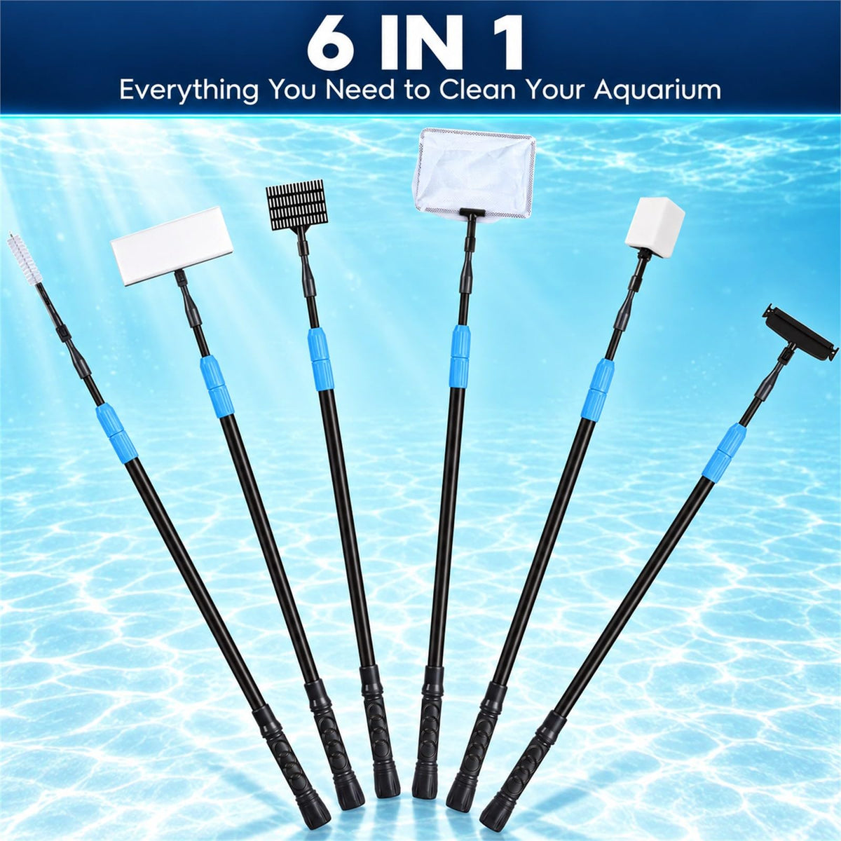 AquaMiracle 6 in 1 Aquarium Cleaning Tool Kit Fish Tank Cleaning Kit for 20-160 Gallon Tank with Telescopic Long Handle, Algae Scraper, Scrubber Pads, Tube Cleaner, Fish net, Gravel Rake