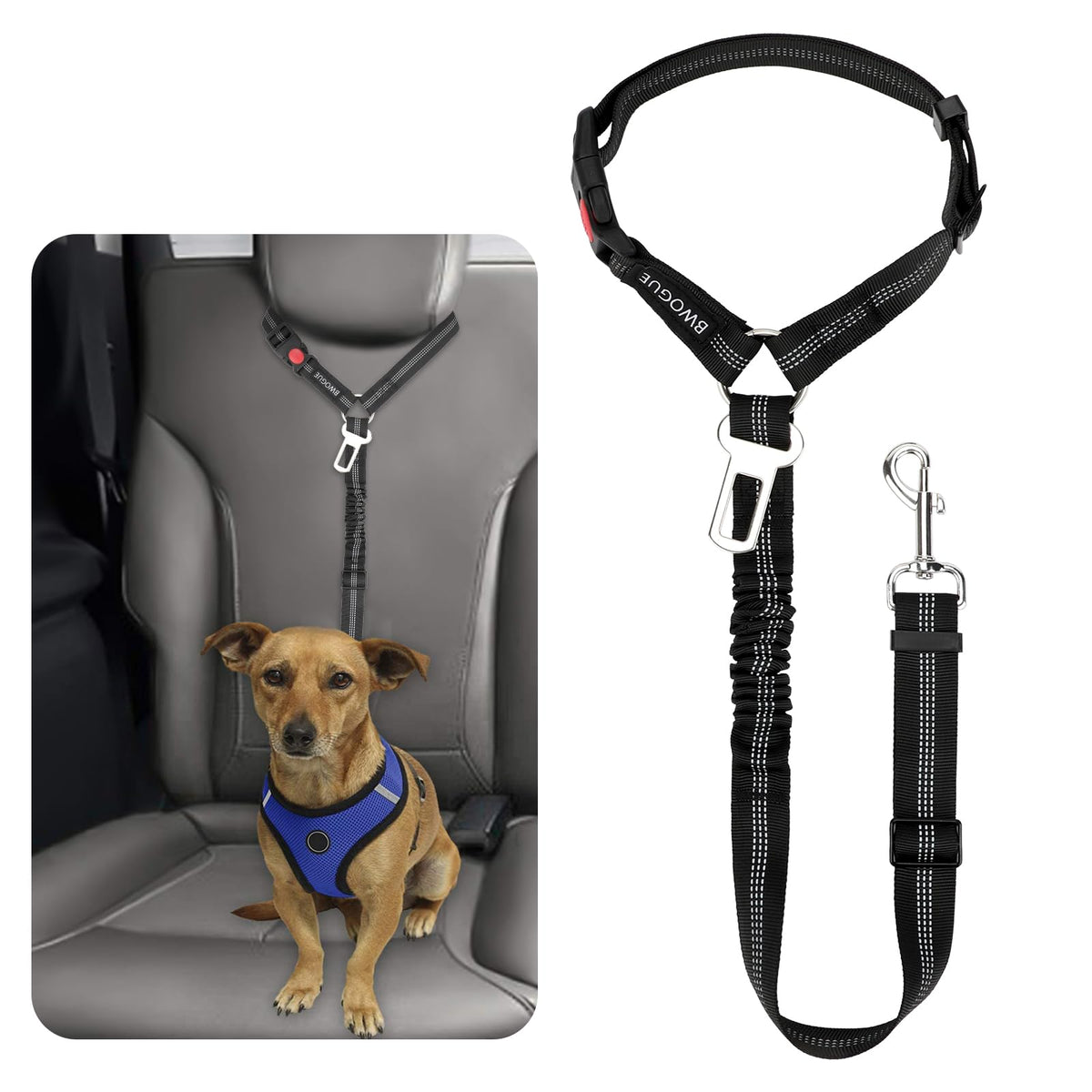 BWOGUE Dog Seat Belt for Car, Headrest Restraint Reflective Bungee, 1 Pack