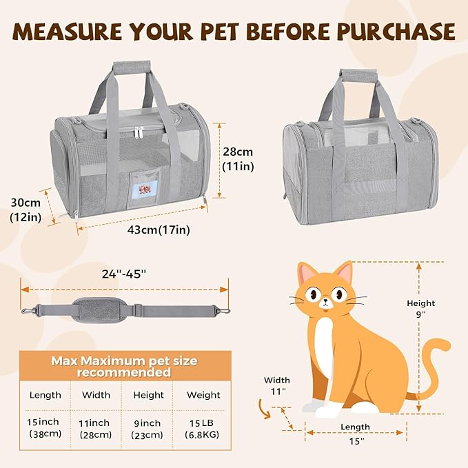 Soft-Sided Cat Carrier,Pet Travel Bag (Up to 16 Lbs)