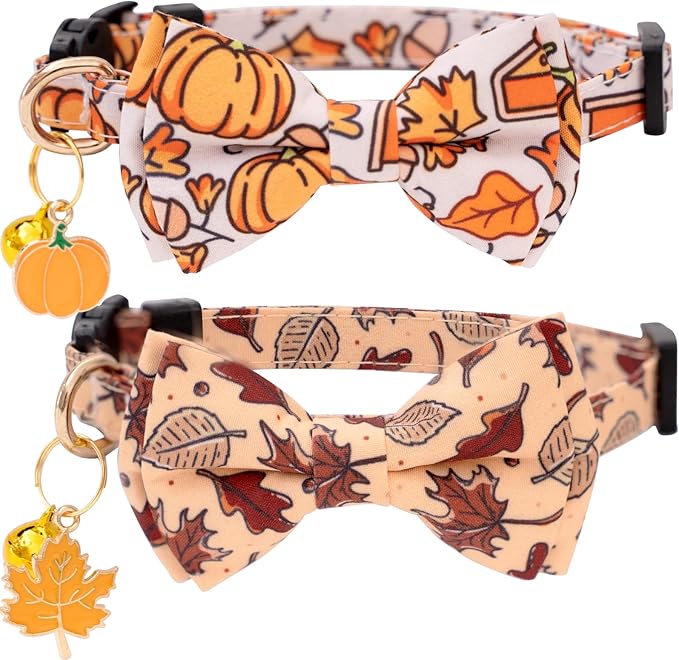 Faygarsle 2 Pack Fall Pumpkin Cat Collar with Bow Tie and Bell, Breakaway Safety Buckle, Pink and White