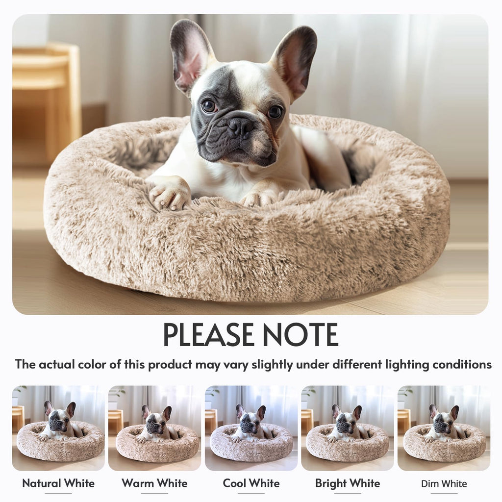 JOLLYVOGUE Calming Small Dog & Cat Bed for Indoor Cats - 20 inches Washable Donut Bed for Kittens & Puppies, Anti-Anxiety Round Fluffy Plush Pet Beds (Fits up to 15 lbs, Cream Brown)