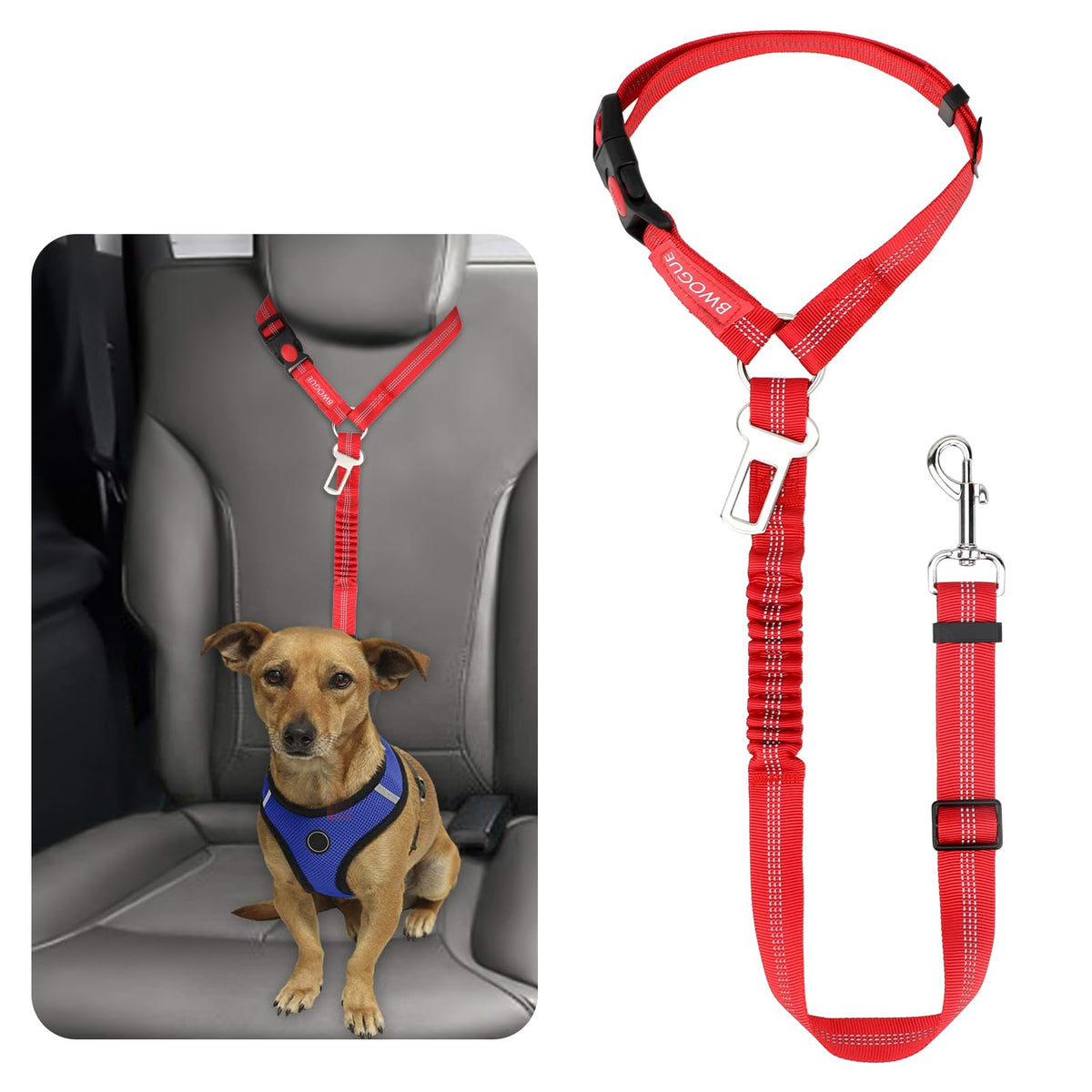 BWOGUE Dog Seat Belt for Car, Headrest Restraint Reflective Bungee, 1 Pack
