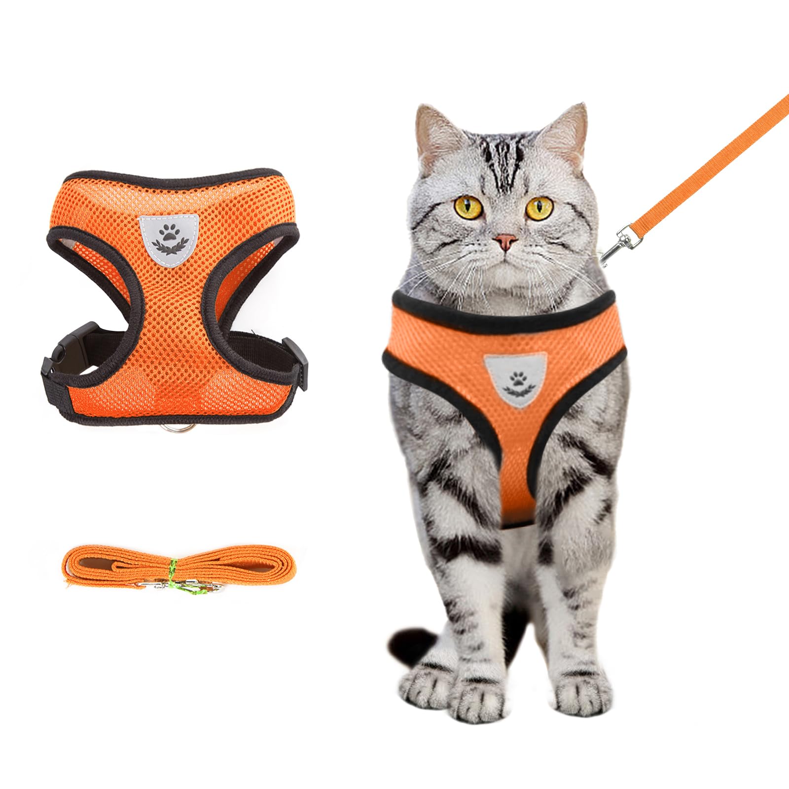 shudyear Summer cat Chest Harness and Leash, Anti-Escape Adjustable Soft mesh cat Leash and Chest Harness Set for All Types of Cats cat Vests (Size M, Orange)