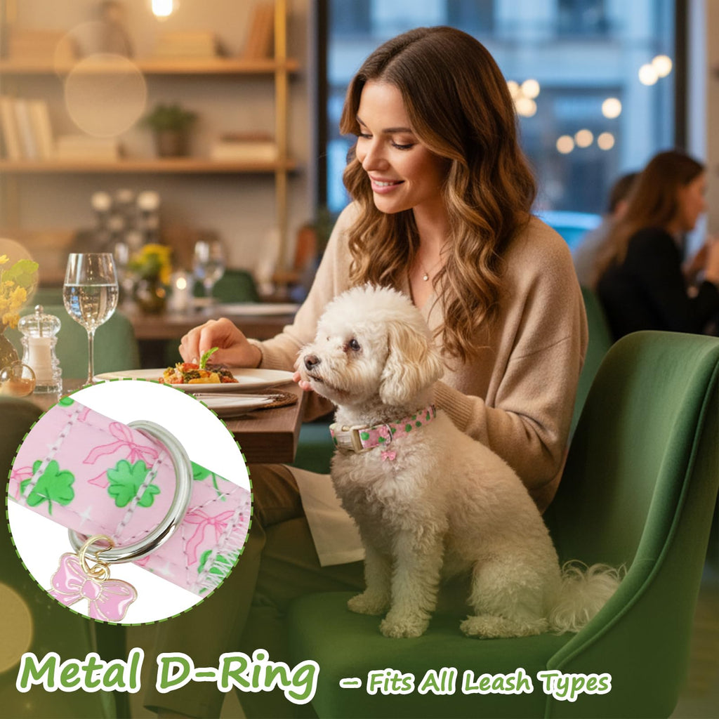 Astdogio St. Patrick's Day Dog Collar,Pink Bow with Green Clover Puppy Collar,Adjustable Spring Cotton Collars Gifts for Small Medium Large Dogs,Dog Accessories S