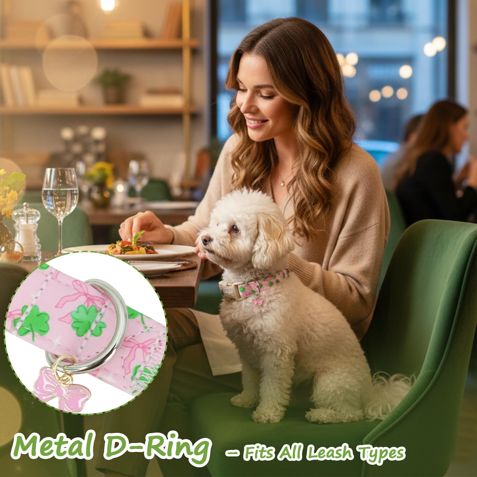 Astdogio St. Patrick's Day Dog Collar,Pink Bow with Green Clover Puppy Collar,Adjustable Spring Cotton Collars Gifts for Small Medium Large Dogs,Dog Accessories S