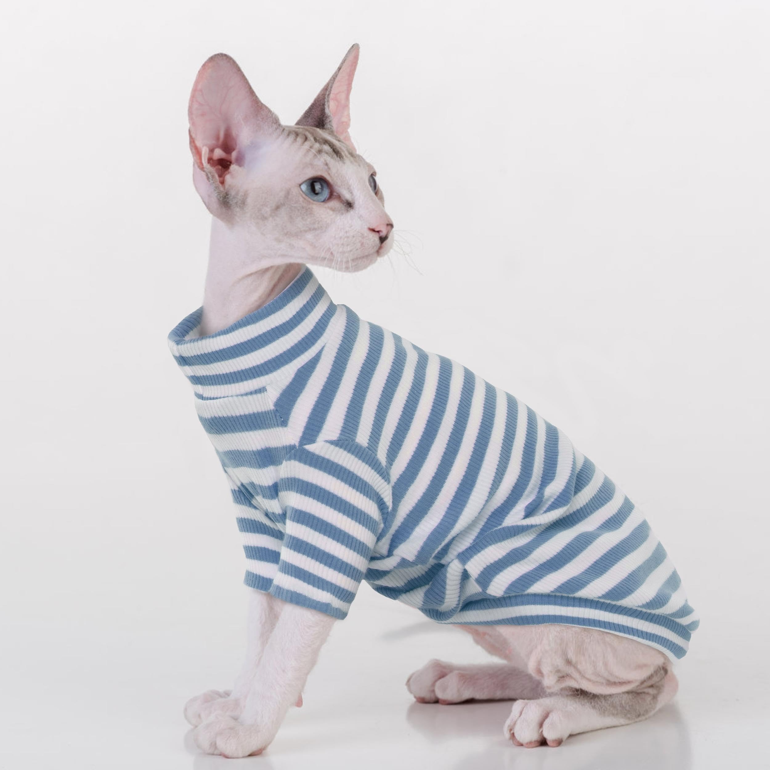 PUMYPOREITY Sphynx Cat Clothes, Soft Hairless Shirt With Sleeves, Stretchy Sweater, Pullover Pajamas Jumpsuit, Turtleneck Outfit for Sphynx Cornish Rex, Devon Rex, Blue, L