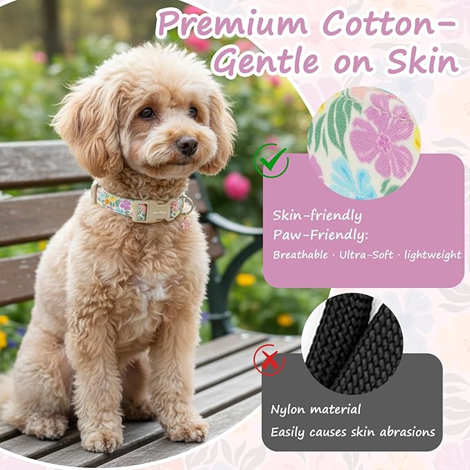 Astdogio Cotton Dog Collar with Colorful Flowers for Spring Summer, Adjustable Puppy Dog Collars for Small Medium Large Dogs, Cute Girl Boy Dog Collar Ideal for Gifts,Pet Accessory,S