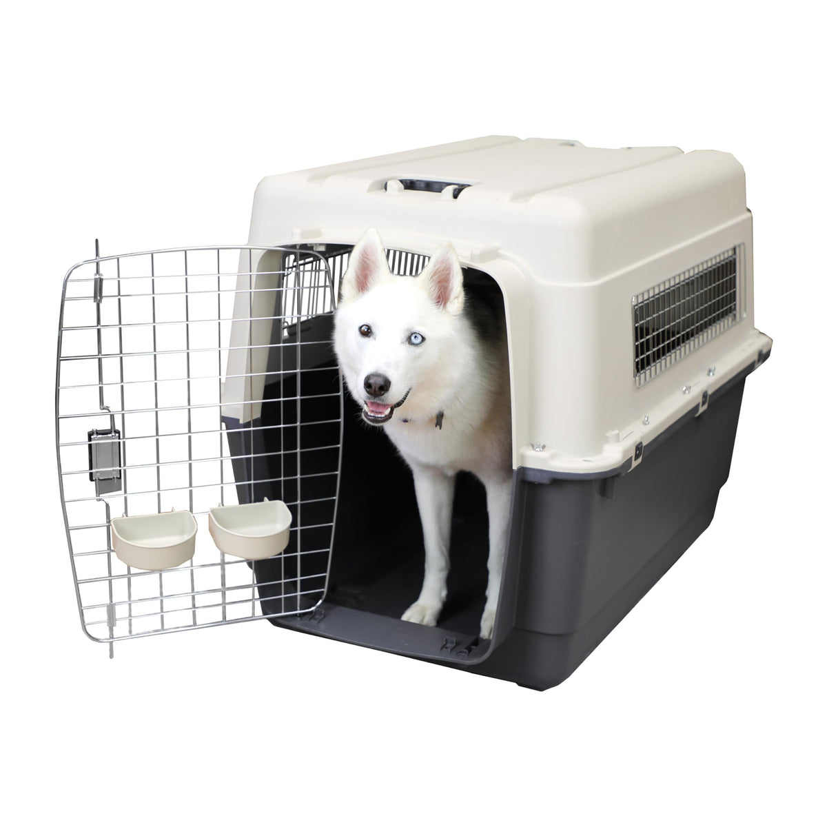 SportPet Airline Compliant LARGE 31.5" Travel Dog Kennel-Durable Plastic Airline Pet Carrier w/ Removable Wheels & Food Bowls, Collapsible Indoor/Outdoor Dog Kennel, Dogs up to 28"L & 20"H-Cream/Gray