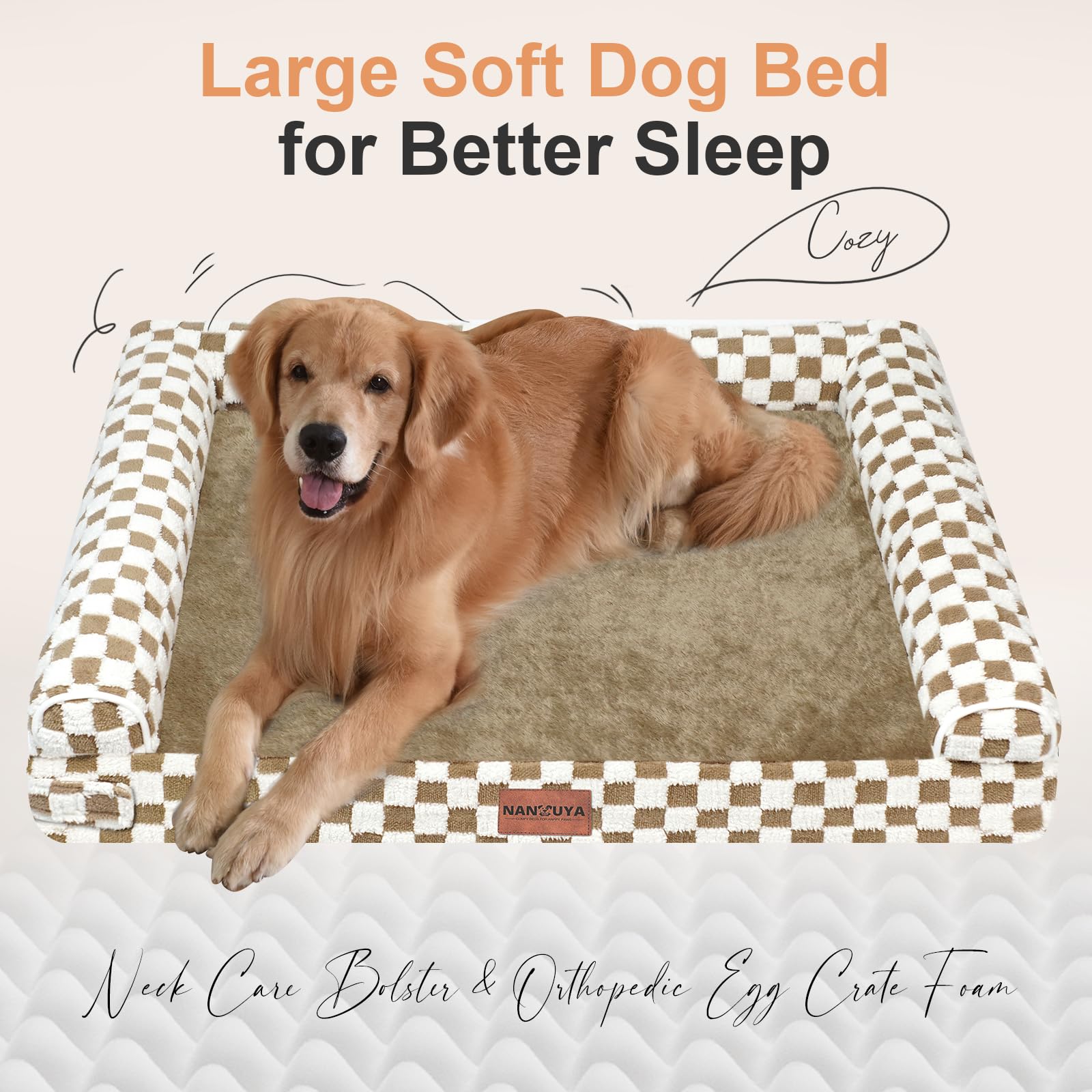 NANUYA Orthopedic Dog Bed for Large Dogs, 36 x 27 Inch, Brown Grid