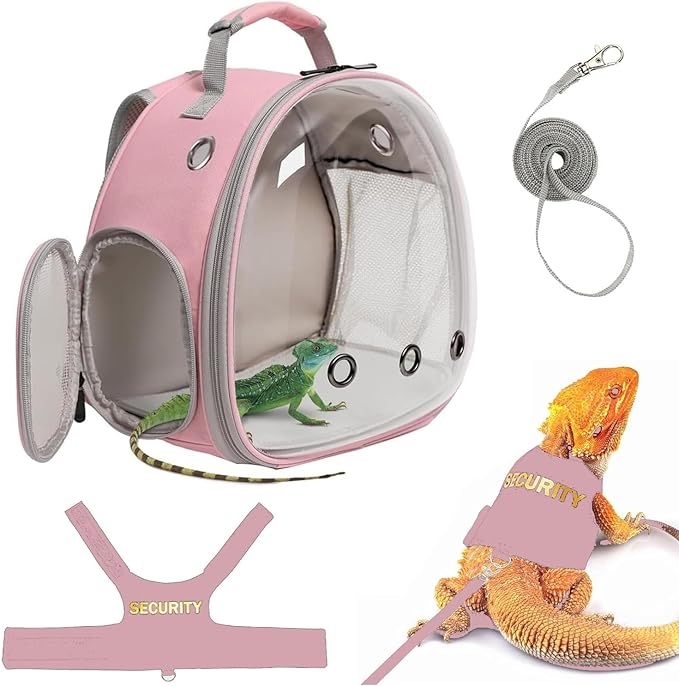 Bearded Dragon Carrier Backpack with Security Printing Harness Leash and 3-Sized Harness Set, Reptile Lizard Travel Guinea Pig Bunny Kitten Travel Carry Bag to Transport (Grey