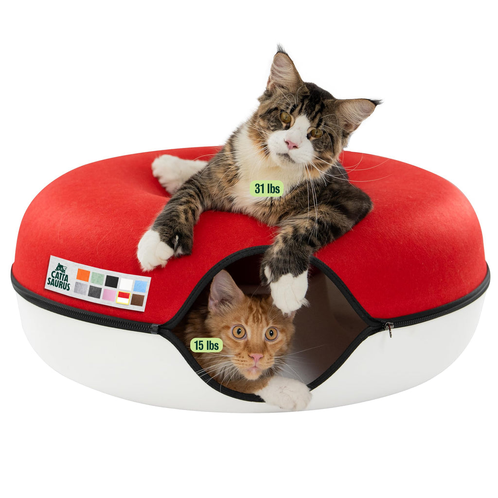 Cattasaurus Peekaboo Cat Cave, Extra Spacious for Multiple & Large Cats 12+ lbs, Scratch Detachable Cat Beds for Indoor Cats, Washable Tunnel Bed, Comfy Donut Tunnel (Ruby Snowball, Jumbo)