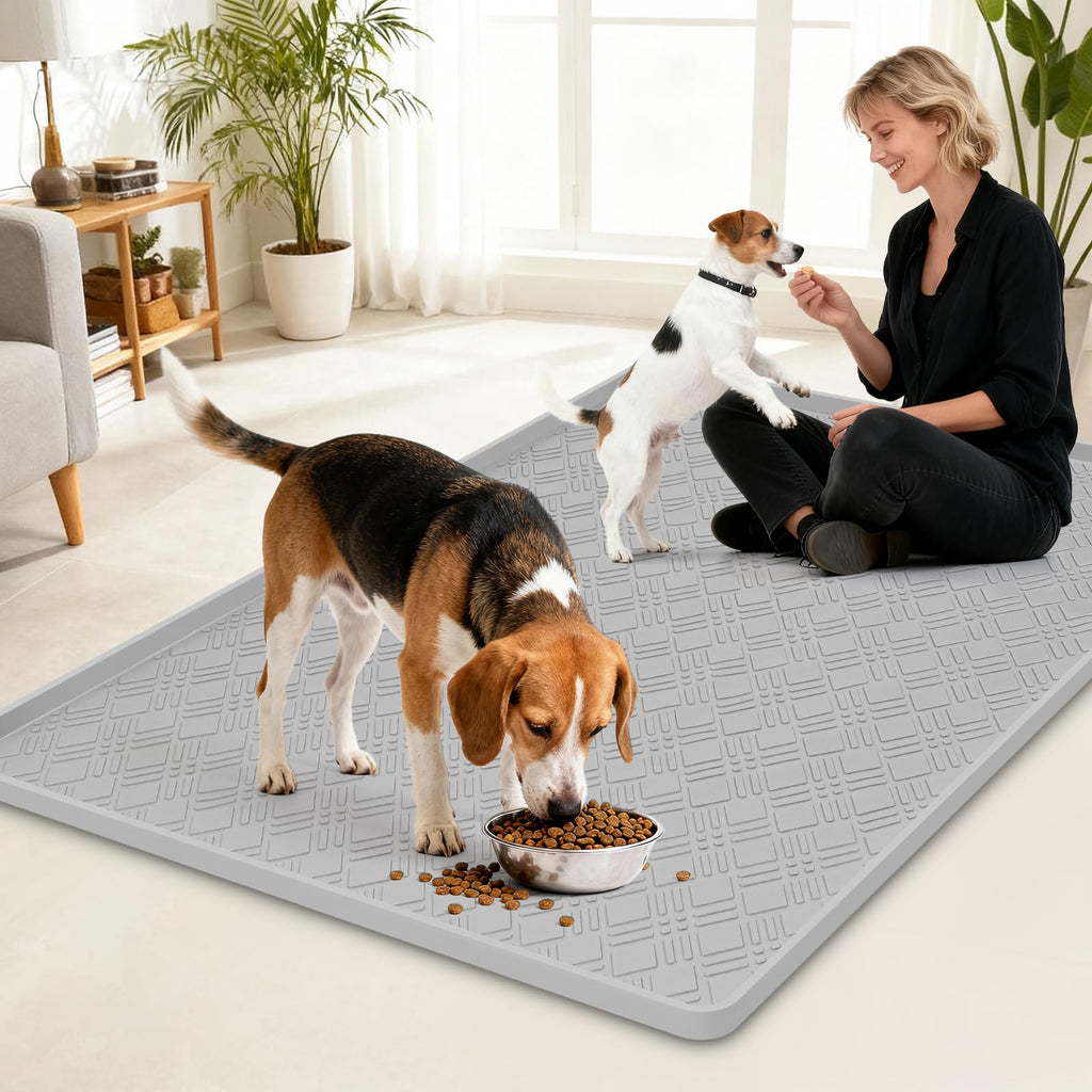 Lanstics Dog Food Mat 42" x29" Silicone Mat with Raised Edge Light Gray