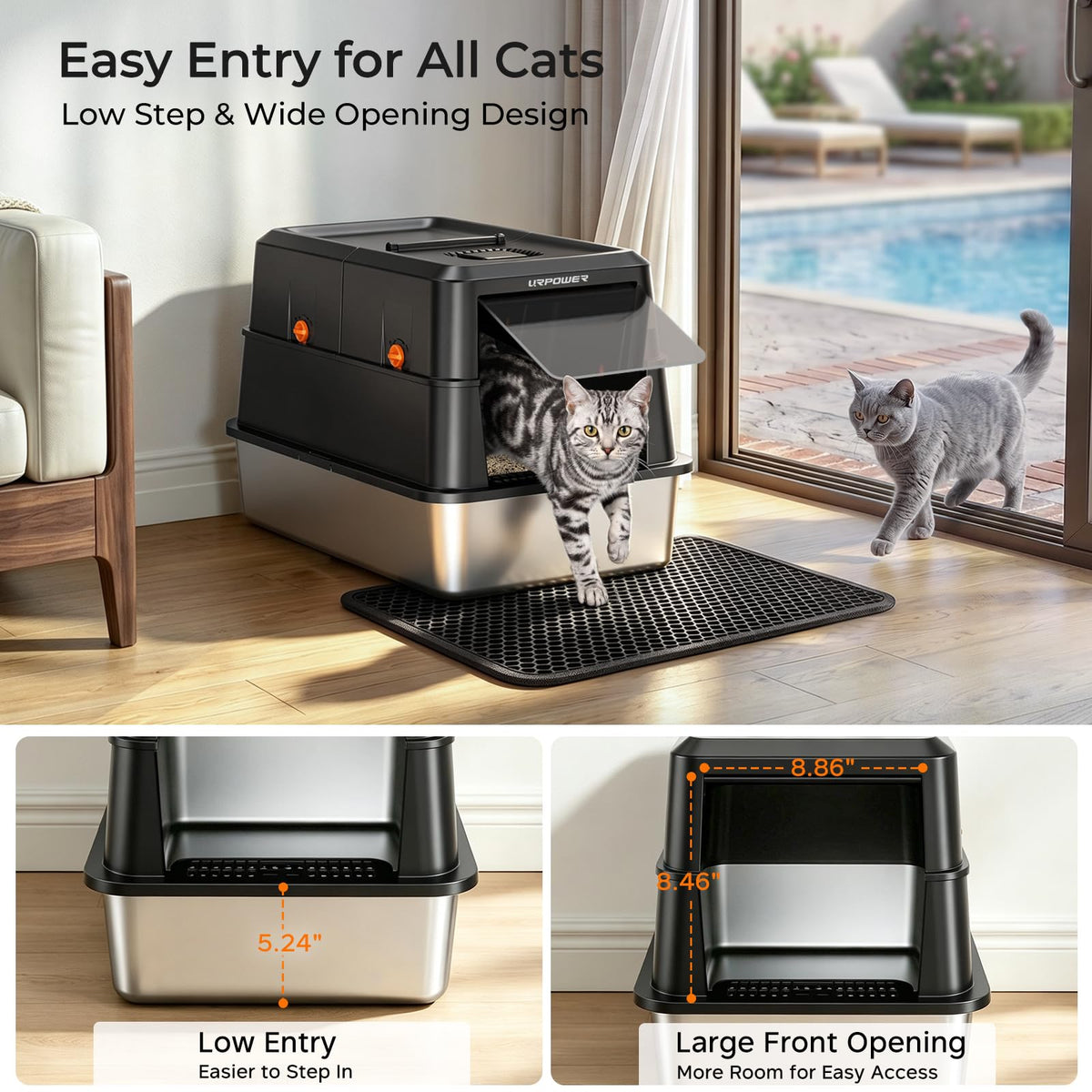 URPOWER XL Stainless Steel Cat Litter Box with 180° Flip-Top Lid