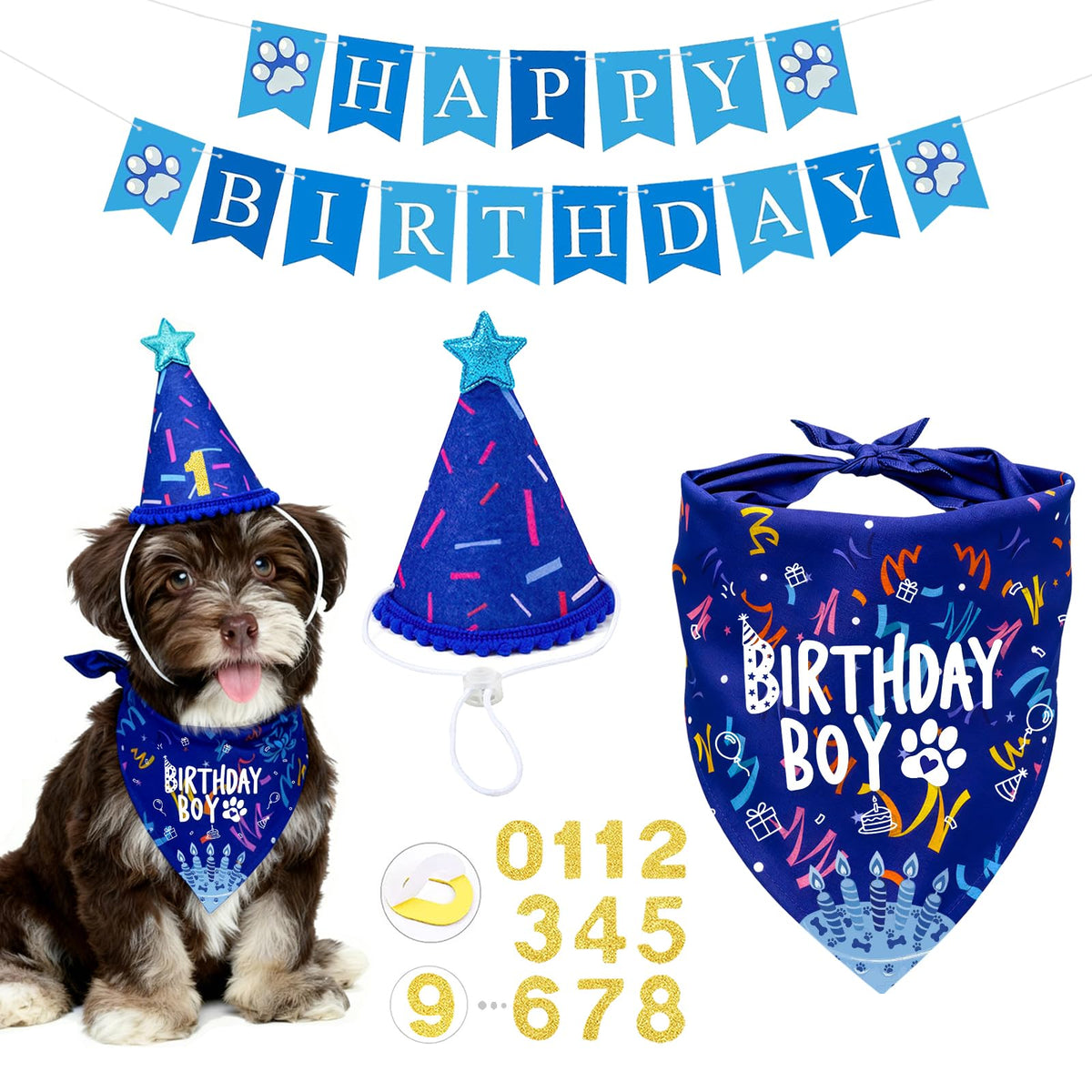 Dog Birthday Party Decorations, Adjustable Dog Bandana Set with Hat, Numbers, Banner for Pet Party Supplies Festive Accessories Large Medium Small Pet Puppy Dogs, Pink