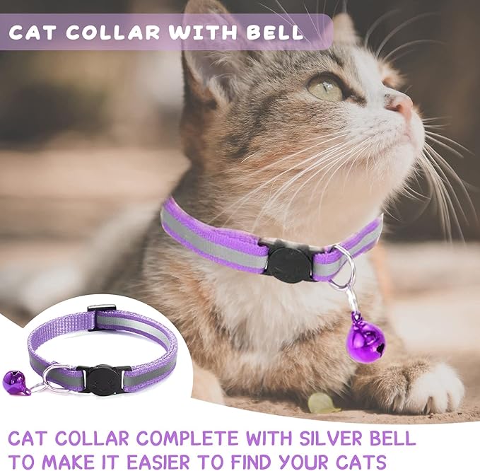 DreamAug 6-Pack Reflective Cat Collars with Bell – Breakaway Safety Nylon Kitten Collars, Adjustable Pet Collars with Charming Bells, Mixed Colors in one Package.