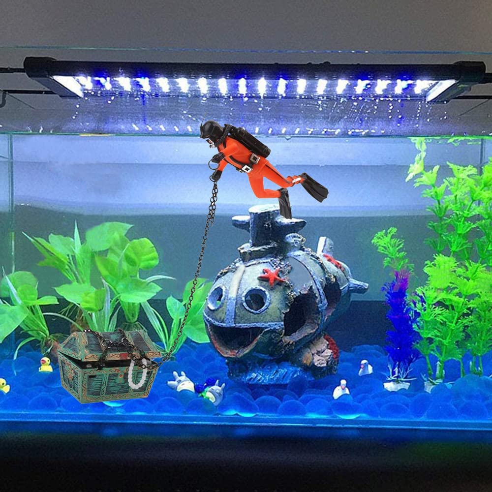 Eyech Live-Action Aquarium Ornament Creative Undersea Treasure Chest Diver Air Bubbler Aerating for Fish Tank Decorations Orange Color